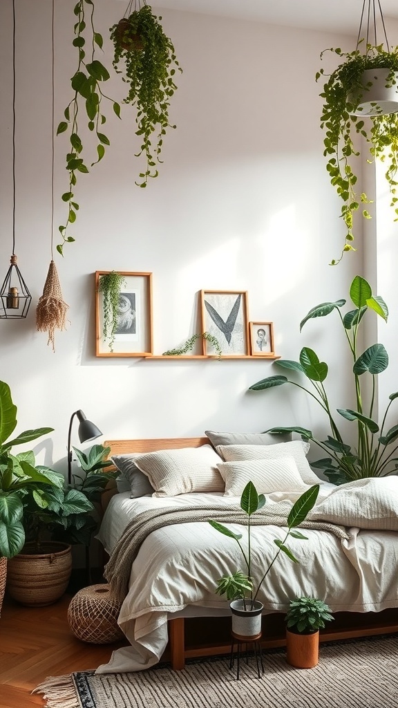 A cozy bedroom with indoor plants, featuring hanging plants and a wooden bed.