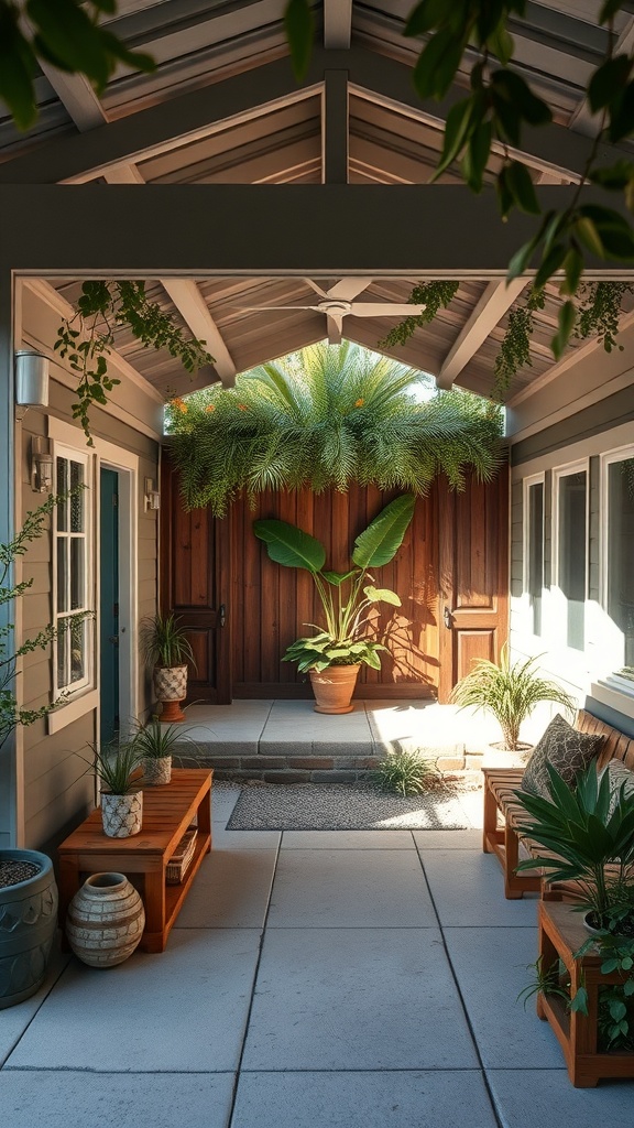 A cozy outdoor living space with wooden benches, potted plants, and a lush green overhead canopy.