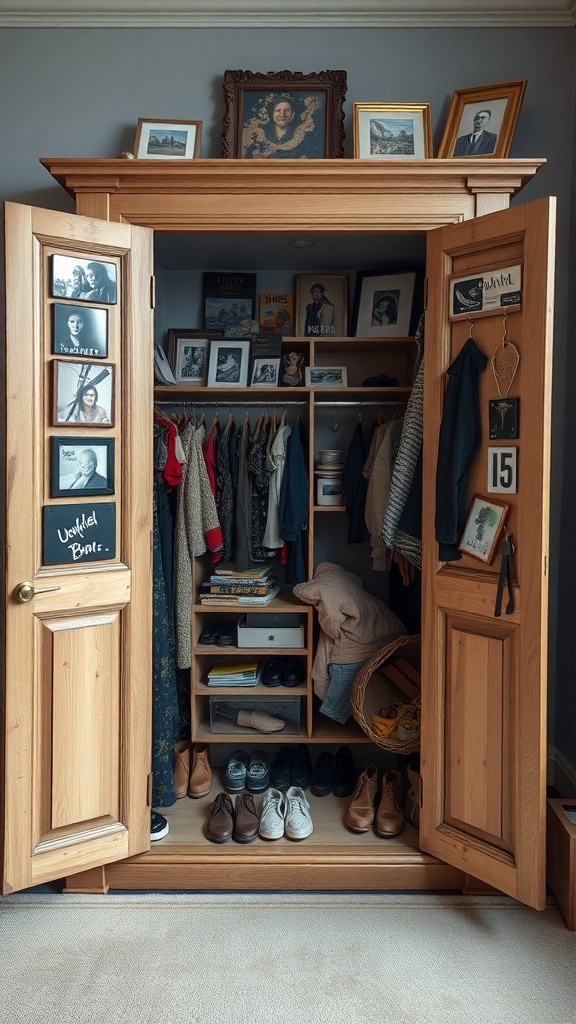 An open wardrobe with wooden doors displaying clothing, shoes, and personal photographs.