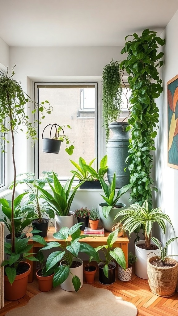 A cozy corner in a small loft apartment filled with various indoor plants, showcasing a lively and inviting atmosphere.