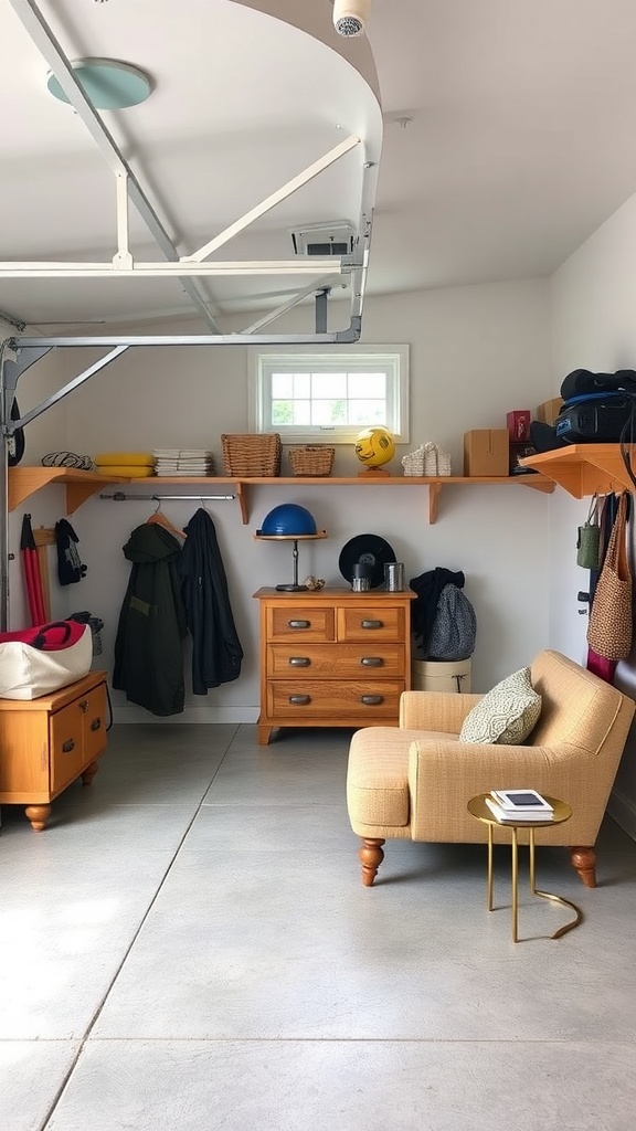 A well-organized garage guest house with shelves, a cozy chair, and a vintage dresser.