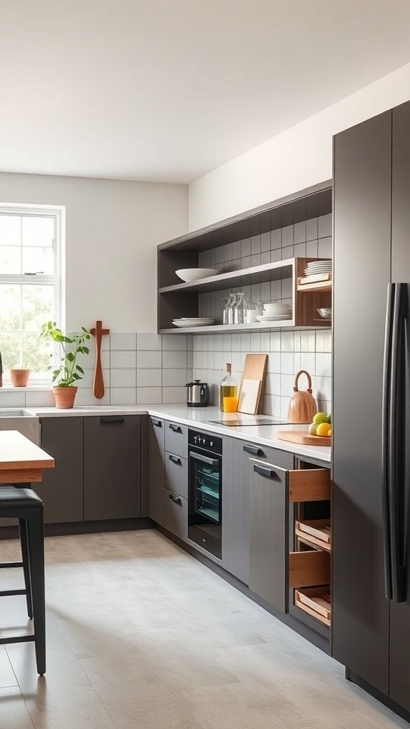A modern semi-open kitchen with smart storage solutions, featuring open shelves and closed cabinets.