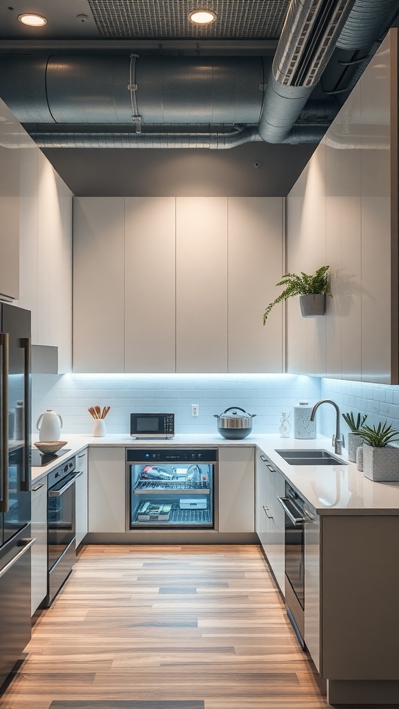 Modern L shaped kitchen featuring smart appliances and sleek design.