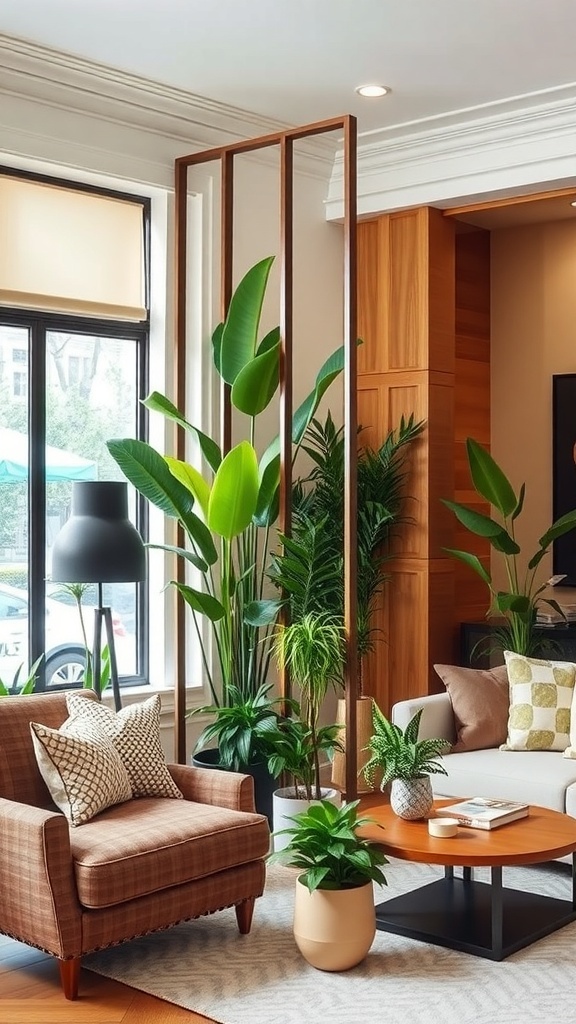 A stylish living room with various indoor plants used as natural barriers, featuring a cozy seating area.