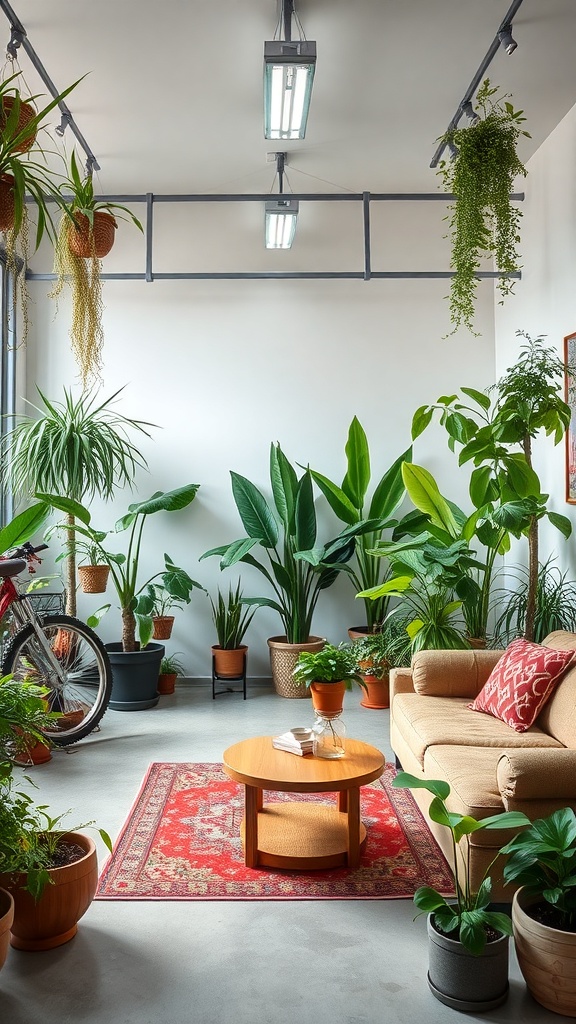 A cozy garage lounge filled with various indoor plants, featuring a comfortable sofa, a coffee table, and a bicycle.