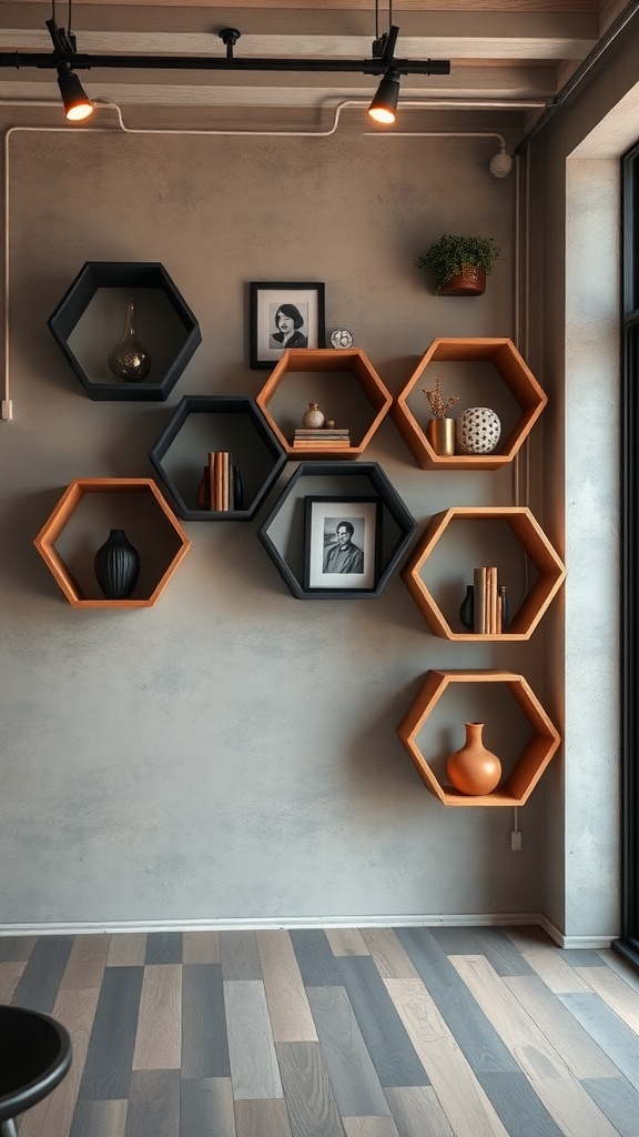 Industrial-style hexagon shelves in black and orange displaying decorative items and framed photos on a wall.