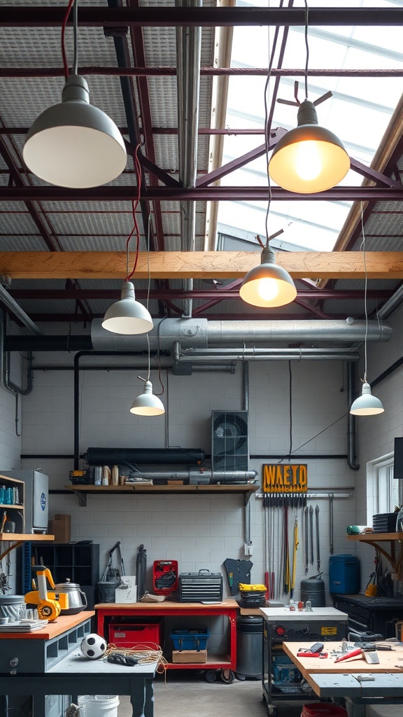 A garage with industrial-style pendant lights hanging from the ceiling, illuminating the workspace below.