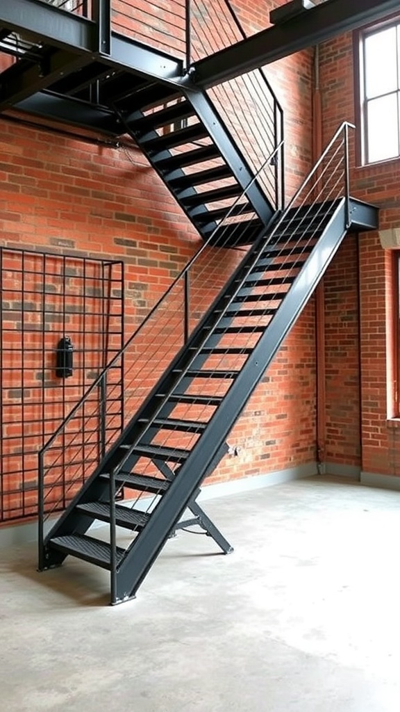 Industrial style metal staircase with a black finish against a brick wall.