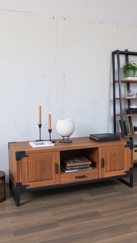 A wooden TV table with metal accents, featuring candles and a decorative lamp on top.