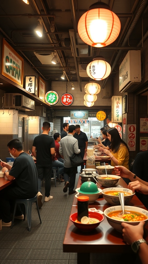 A bustling Japanese eatery with people enjoying ramen at communal tables, surrounded by colorful lanterns and signs.