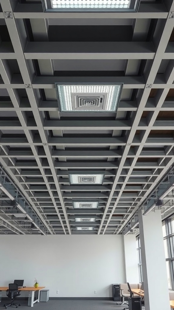 Modern coffered ceiling with metallic panels and integrated lighting