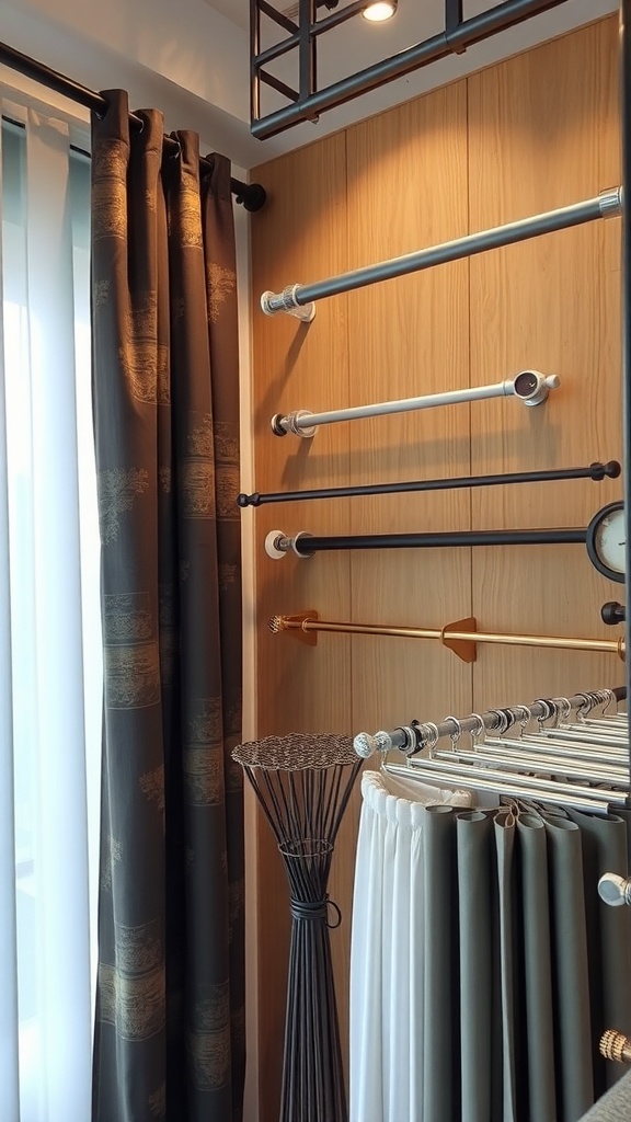 A display of various curtain rods and blackout curtains, showcasing different styles and finishes.