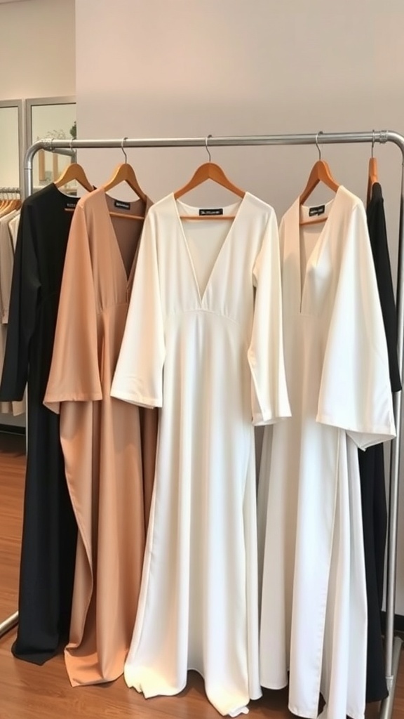 A display of Turkish abayas in various colors and styles, showcasing innovative cuts and silhouettes.