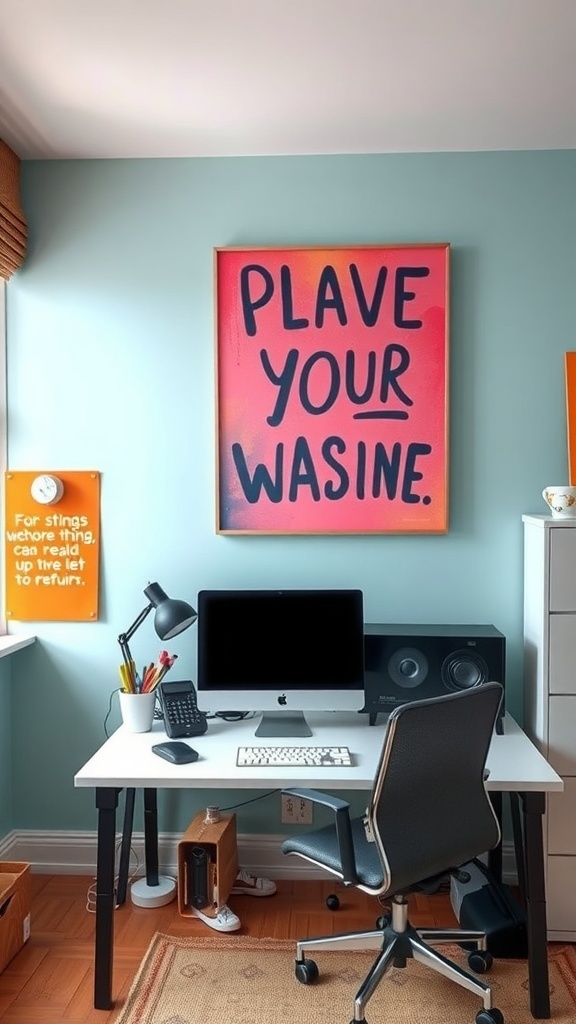 A study room featuring colorful wall art with motivational phrases, a desk with a computer, and a cozy atmosphere.