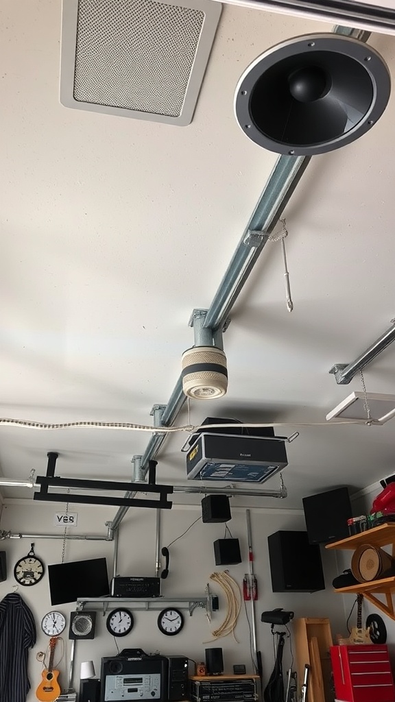 A garage ceiling with integrated sound systems including various speakers and sound equipment.