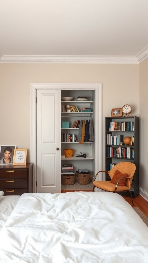 Cozy reading nook with a closet behind the bed, featuring a chair and bookshelves.