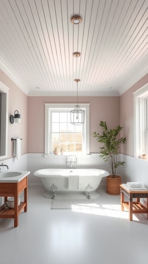 A stylish bathroom with a beadboard ceiling, pink walls, a freestanding tub, and natural light.