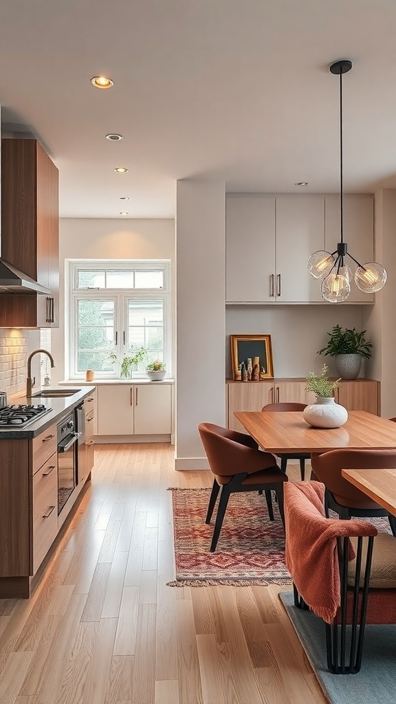 A semi-open kitchen with wooden cabinets, a dining table, and soft lighting.