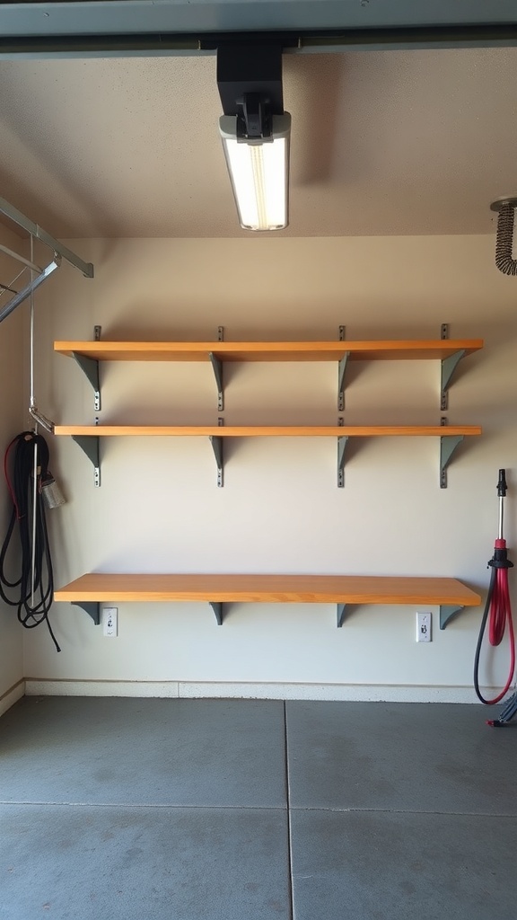 A garage with folding shelves mounted on the wall, showcasing a clean and organized space.