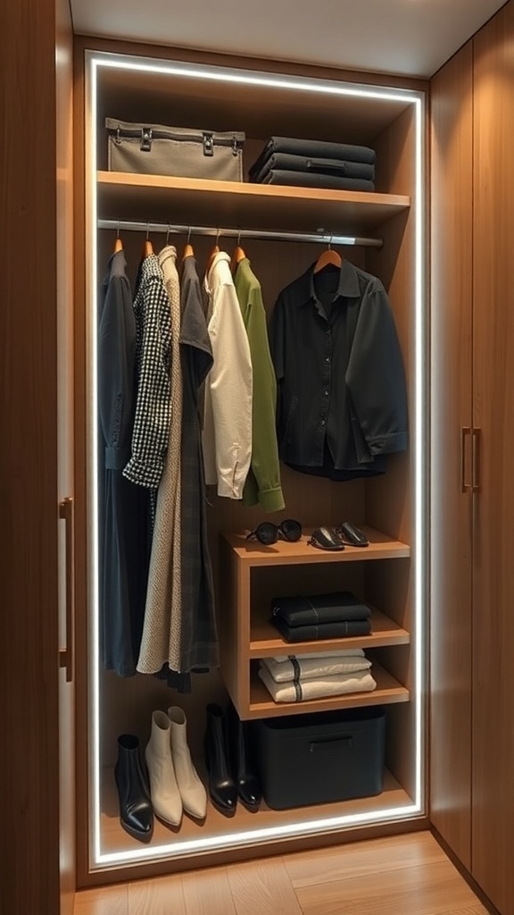 A built-in wardrobe with integrated LED lighting showcasing neatly arranged clothes and accessories.