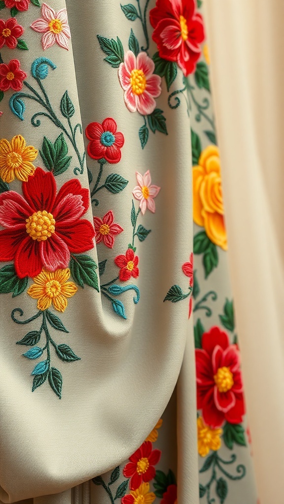 Close-up of floral embroidery on an abaya featuring red, yellow, and pink flowers