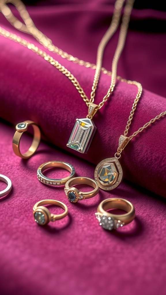 A collection of intricate jewelry designs including rings and necklaces, displayed on a purple fabric.