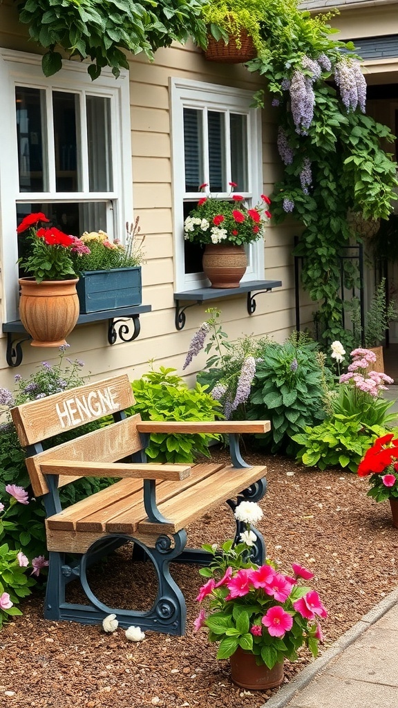 A wooden garden bench surrounded by colorful flowers and greenery.