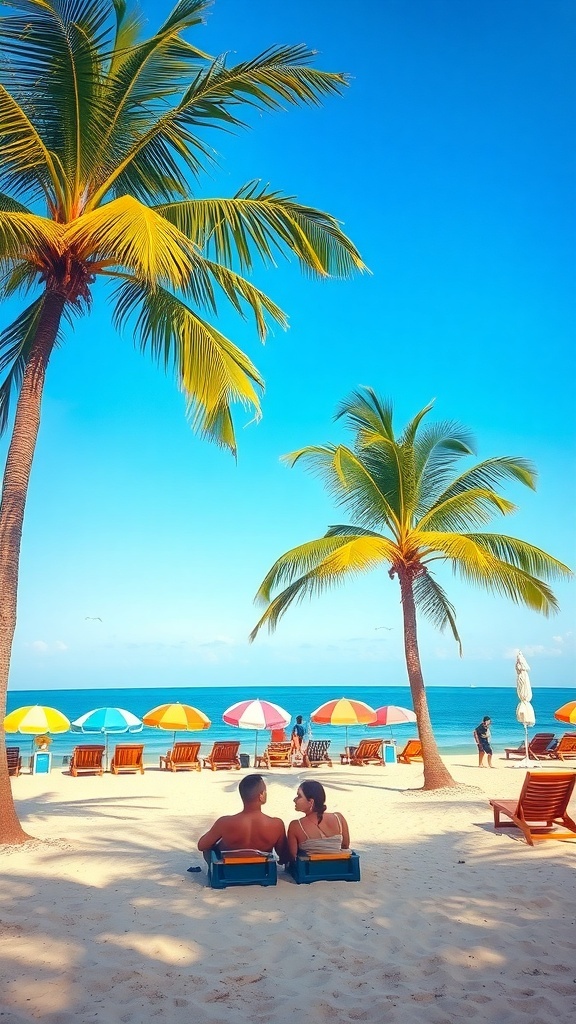 Couple relaxing on a beach in San Juan with palm trees and colorful umbrellas
