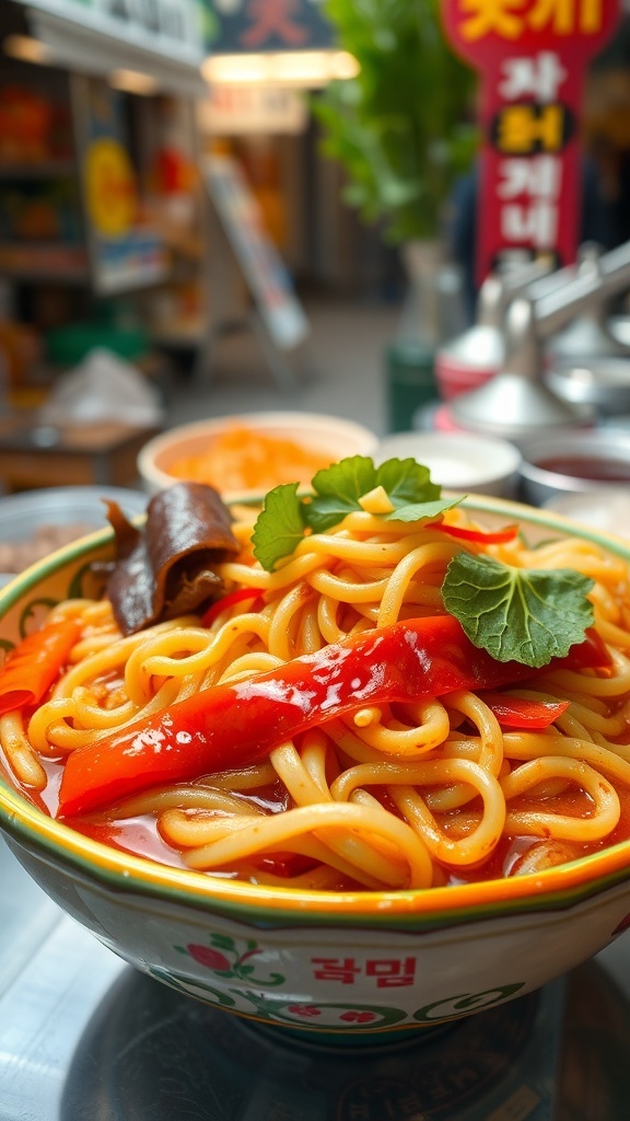 A bowl of japchae with glass noodles, red peppers, and greens.