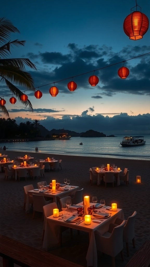Beachside dining at Jimbaran Bay with lanterns and candlelit tables.
