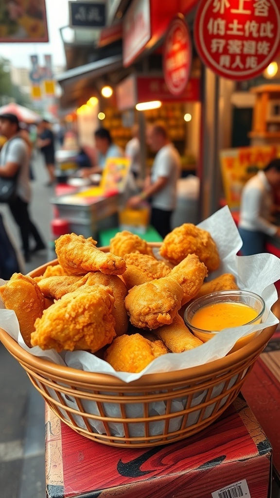 A basket of crispy fried chicken pieces with a dipping sauce on the side, set against a street food backdrop.