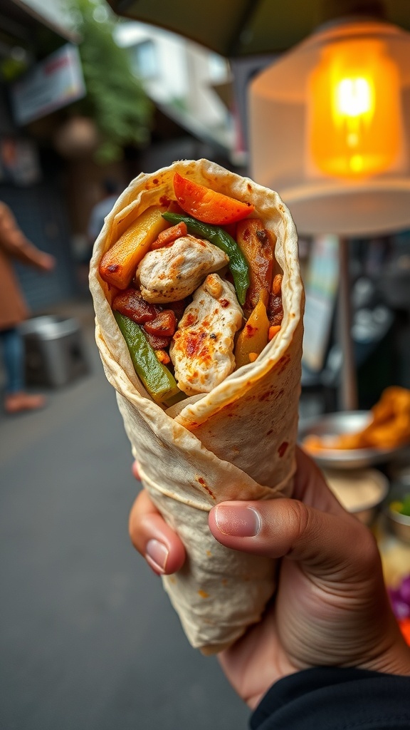 A hand holding a kathi roll filled with chicken and colorful vegetables