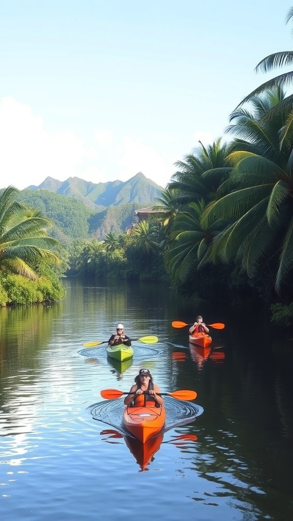 Three kayakers on the Wailua River in Kauai, surrounded by palm trees and mountains.