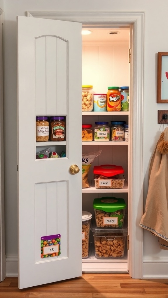 Organized pantry door with clear containers and colorful labels for kids' snacks