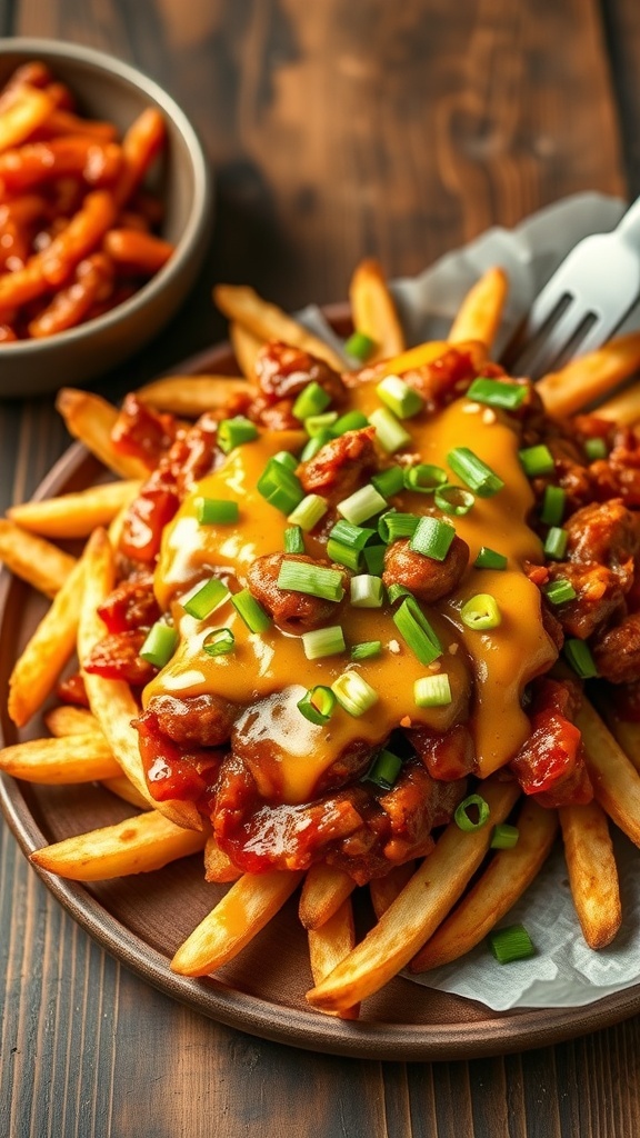 A plate of kimchi fries topped with cheese and green onions, served with a side of spicy sauce.