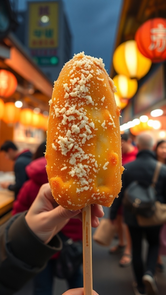 A cheesy Korean corn dog held by a person, with a vibrant orange batter and sprinkled cheese on top.