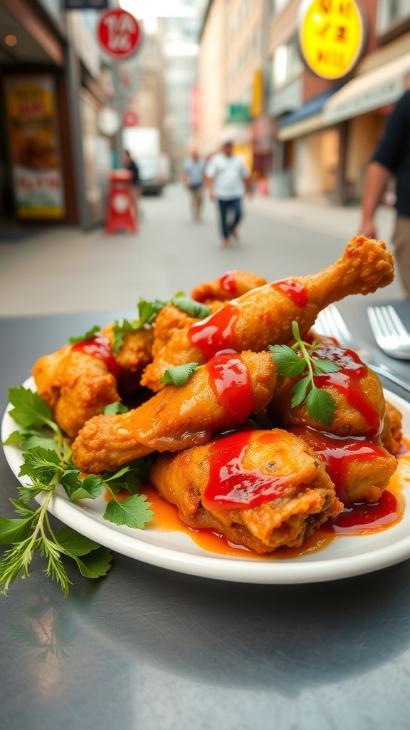A plate of Korean fried chicken with sauce and cilantro, set against a street backdrop.