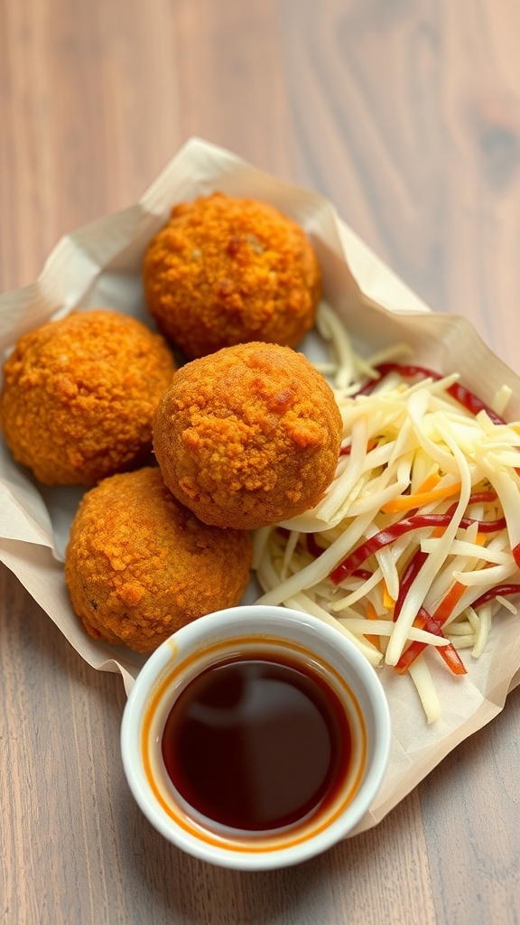 A serving of Japanese korokke, featuring golden-brown croquettes, shredded cabbage, and dipping sauce.