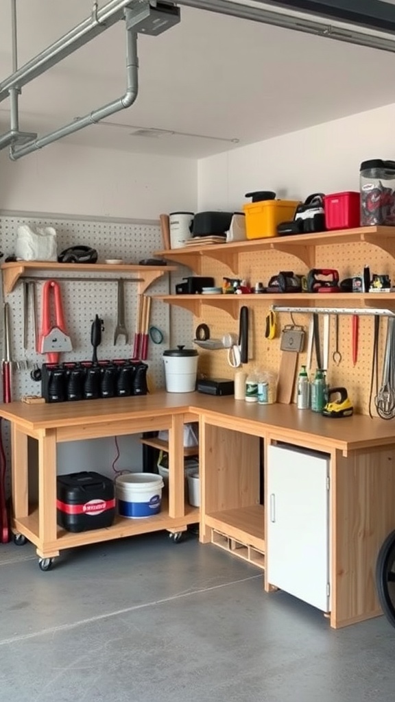 L-shaped corner workbench setup with tools and storage in a garage