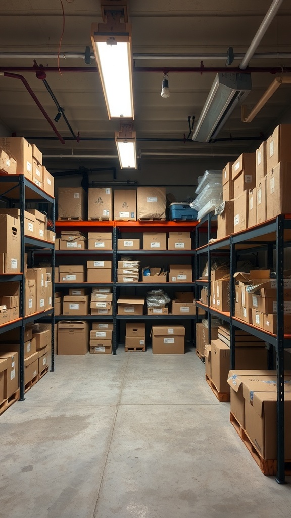 Organized garage with labeled boxes on shelves