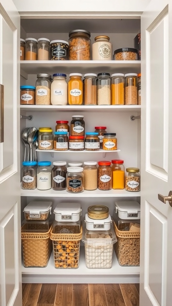 Organized pantry closet with labeled jars and containers on shelves.