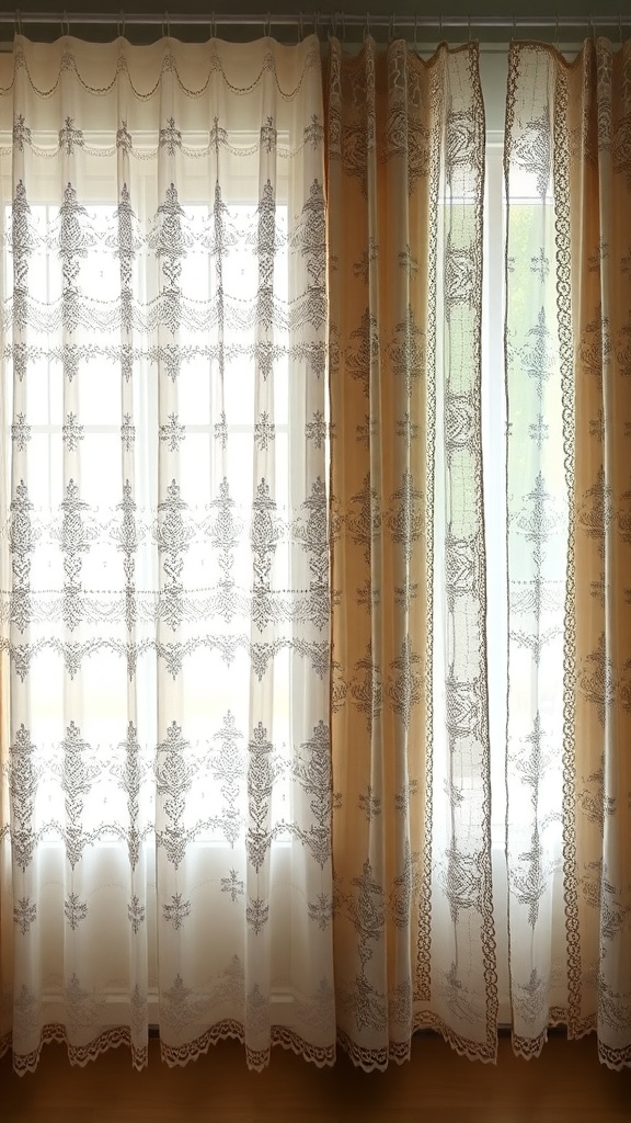 Lace curtains in a window, showcasing intricate patterns and soft light filtering through.