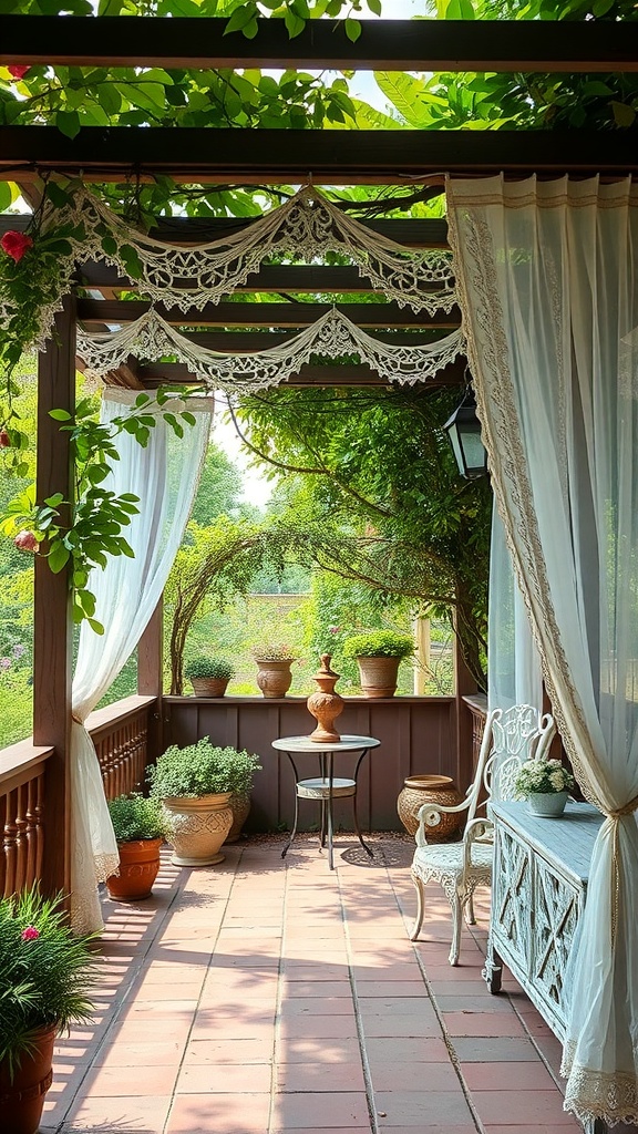 A cozy outdoor patio with lace curtains, potted plants, and a small table.