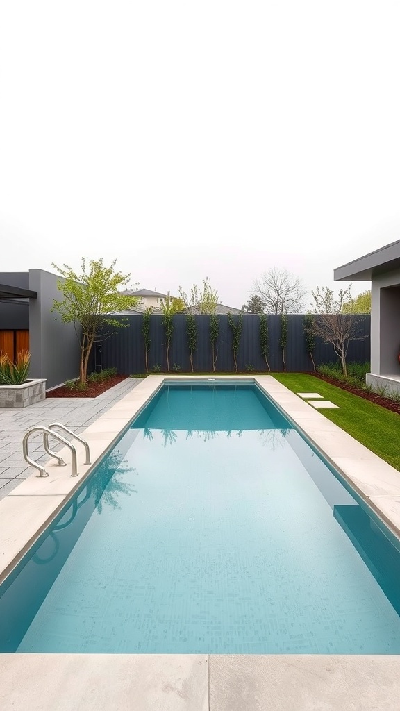 A modern lap pool surrounded by greenery and a stylish patio.