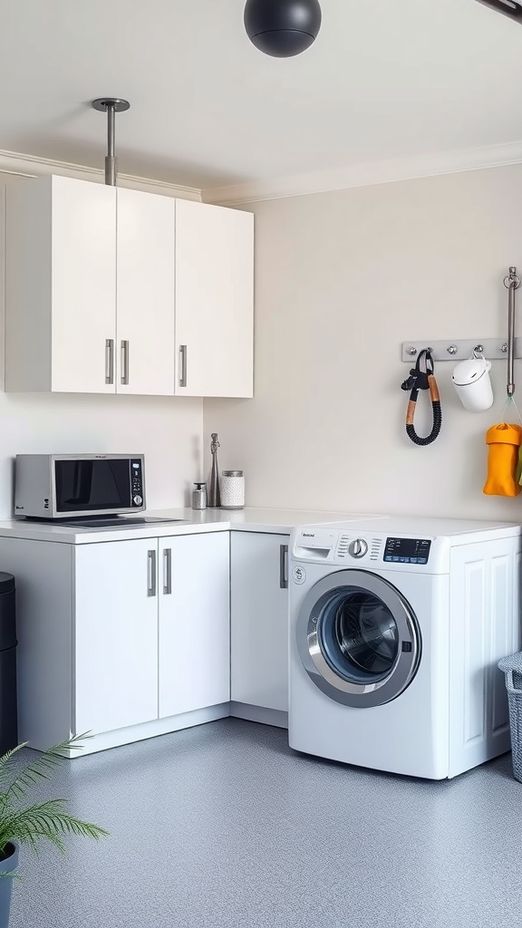 Modern laundry area with washing machine, microwave, and storage cabinets