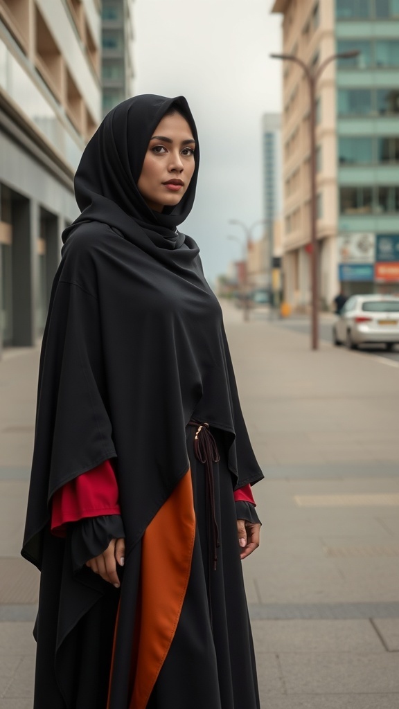 A woman wearing a layered abaya with black, red, and orange colors, standing on a city street.
