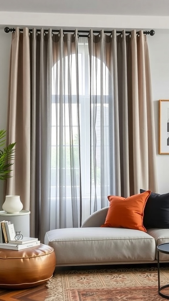 Layered blackout curtains in a stylish living room setting
