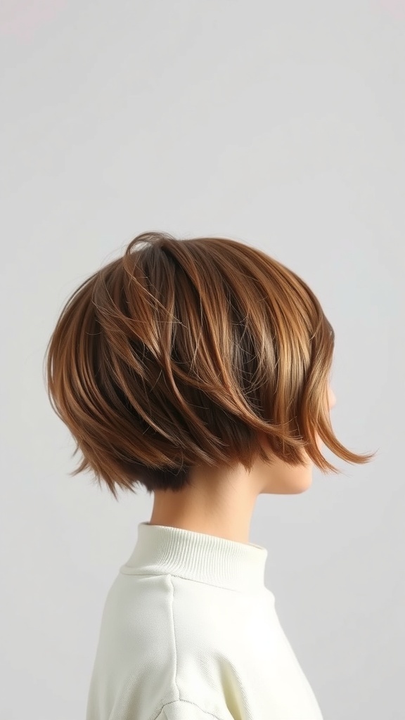 A stylish layered bowl cut hairstyle showing soft layers and a rounded shape.