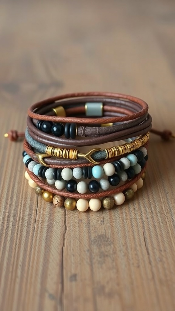 A collection of layered bracelets made from leather, beads, and metal accents.