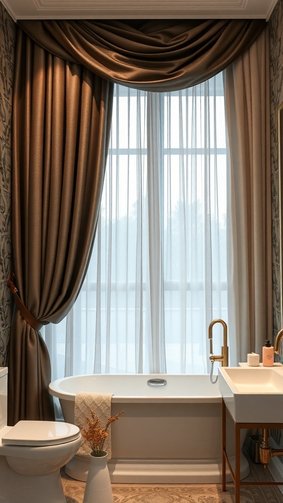 A bathroom with layered curtains featuring dark and sheer fabrics, adding depth and texture to the space.